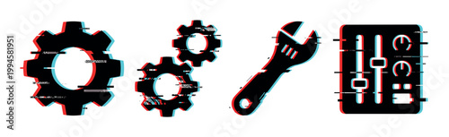 Glitch effect gears, wrench, and control panel icons representing digital settings, tools, and system adjustments with a retro aesthetic.