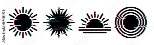 Abstract glitch sun symbols and circular shapes featuring a modern digital distortion effect and anaglyph 3D style.