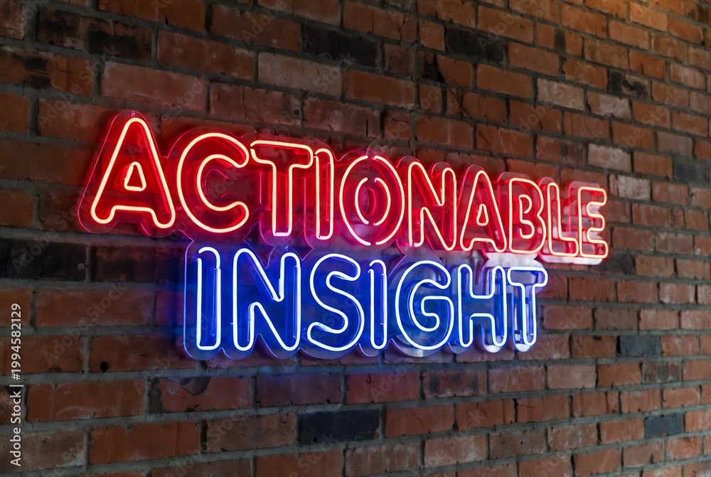 Obraz premium Neon sign reading “Actionable Insight” displayed on a brick wall.
