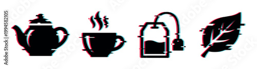 Tea icons with a modern digital glitch effect, representing hot beverages and natural ingredients for a contemporary design.