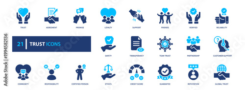 Trust icon set. reliability, security, confidence, integrity, assurance. solid style icon collection.
