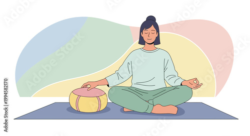 Woman Meditating in Lotus Pose on Yoga Mat with Colorful Abstract Background