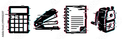 Glitch effect office supplies icons including a calculator, stapler, spiral notebook, and pencil sharpener, representing digital distortion.
