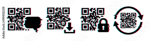Glitch effect QR codes featuring icons for chat, download, security, and refresh, symbolizing modern digital interactions and data processes.