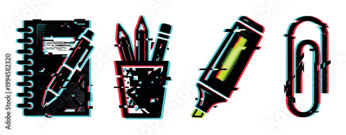 Stationery items with digital glitch effect featuring a notebook, pencils, highlighter, and paperclip for modern design.