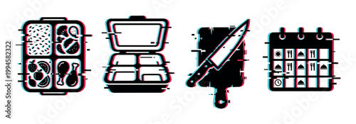 Food preparation and meal planning icons featuring a bento box, cutting board, knife, and calendar with a modern digital glitch effect.