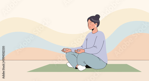Woman meditating peacefully on yoga mat, serene mind, mindful breathing, calm lifestyle