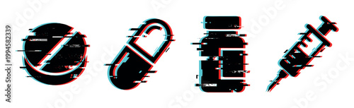 Medical icons with glitch effect, including a no-pill symbol, capsule, medicine bottle, and syringe, representing digital health and modern medicine.
