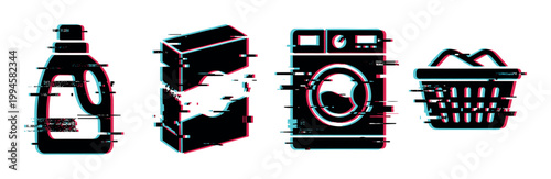 Laundry items washing machine detergent basket with glitch effect and digital distortion, representing modern household chores and cleaning technology.