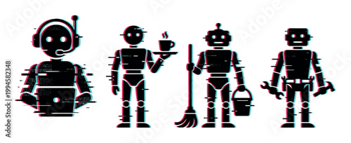 Artificial intelligence robots with glitch effect performing various service, maintenance, and customer support tasks.