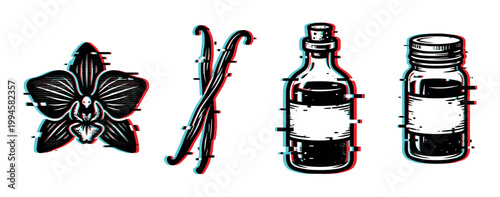 Vanilla flower, pods, and extract bottles depicted in a stylized black and white illustration with a modern glitch effect.