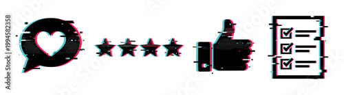 Digital glitch feedback and review icons with a modern aesthetic representing online communication and user experience.