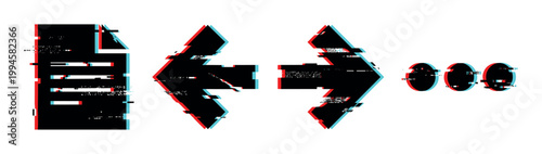 Glitch effect icons depicting a document, left and right arrows, and an ellipsis symbol with digital distortion and RGB color shift.