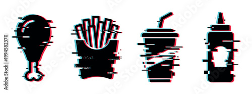 Chicken leg, french fries, soda, and ketchup bottle icons with a trendy digital glitch effect.