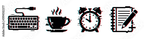 Digital work icons with glitch effect including keyboard, steaming coffee cup, alarm clock, and notepad with pencil, representing productivity and technology.