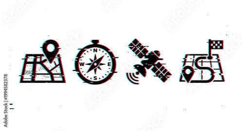 Navigation and location icons with glitch effect representing digital mapping, global positioning, and travel guidance technology.