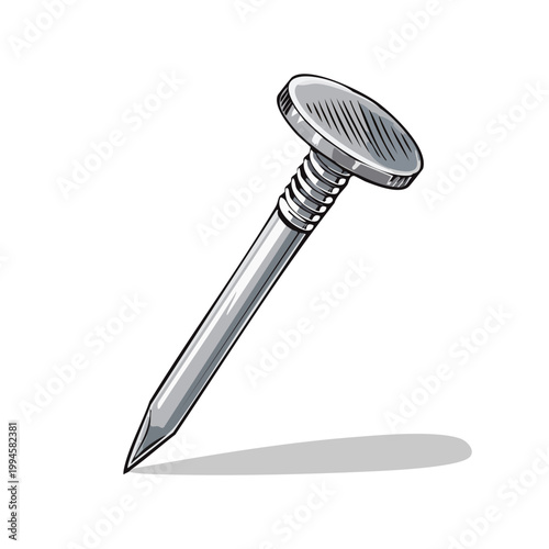 Sharp metal nail with textured head and pointed tip, isolated on white