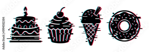 Glitch art sweet desserts vector illustration featuring distorted cake, cupcake, ice cream, and donut icons with retro digital effect.