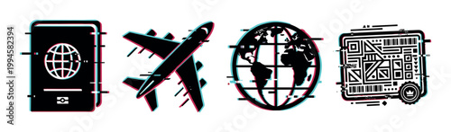 Passport, airplane, globe, and ticket icons with a modern digital glitch effect representing global travel, technology, and international connectivity.