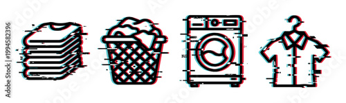 Laundry icons with glitch effect showing folded clothes, a basket, washing machine, and a shirt on a hanger.
