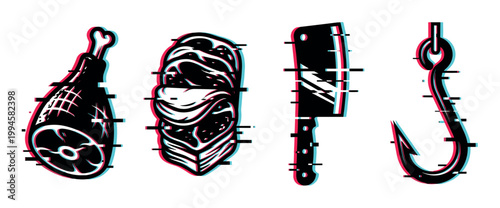 Meat products, butcher cleaver, and fishing hook with digital glitch effect vector illustration.