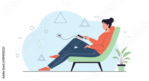 Woman Relaxing on Chair Watching TV with Remote Control, Charging Phone