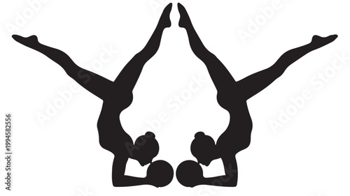 Acrobatic Duo, Silhouette Illustration, Black and White, Fitness Icons, Vector Graphics