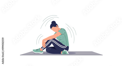 Woman sitting on yoga mat, feeling unwell, dizzy, with headache, mental health concept