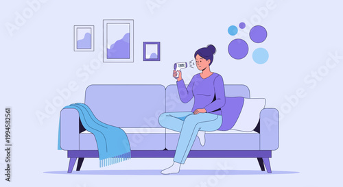 Woman using inhaler on sofa, breathing difficulties, allergy, asthma, respiratory problems, home care