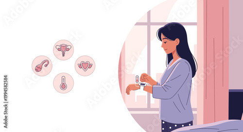 Woman using smart watch for health tracking, reproductive health symbols