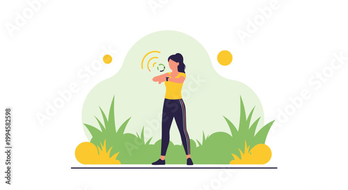 Woman using smartwatch for fitness tracking outdoors with nature background