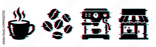 Coffee icons glitch effect set featuring a steaming cup, beans, espresso machine, and shop in a modern digital style.