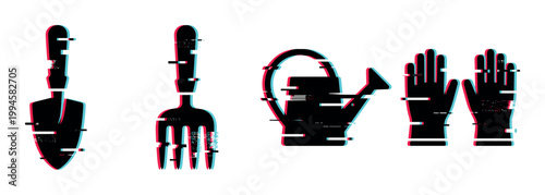 Digital glitch effect gardening tools icons featuring a shovel, garden fork, watering can, and protective gloves for modern design projects.