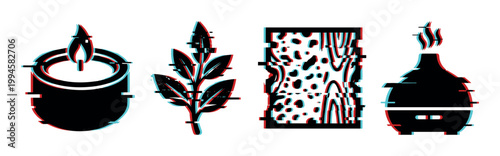 Glitch art icons of a burning candle, natural leaves, abstract pattern, and an aromatherapy diffuser for modern wellness concepts.
