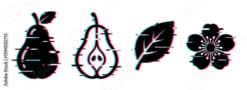 Glitch effect pear, leaf, and flower icons with digital distortion and modern aesthetic, representing a unique visual style.
