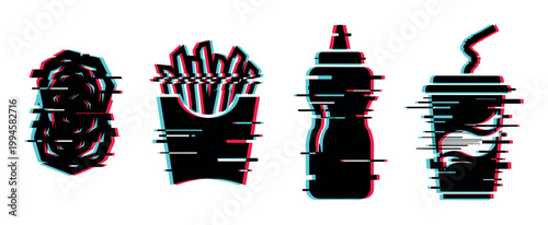 Burger, french fries, sauce bottle, and soda cup vector illustration with a modern digital glitch effect and RGB shift.