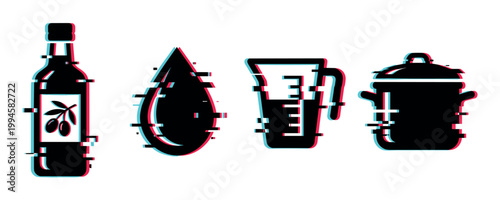Olive oil bottle, liquid drop, measuring cup, and cooking pot icons with a modern glitch effect representing kitchen essentials and food preparation.
