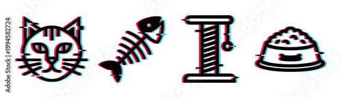 Cat, fish skeleton, scratching post, and pet food bowl icons with a modern digital glitch effect, representing pet care and animal themes.