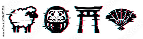 Sheep, Daruma doll, Torii gate, and traditional fan icons with a modern digital glitch effect, representing a blend of culture and technology.