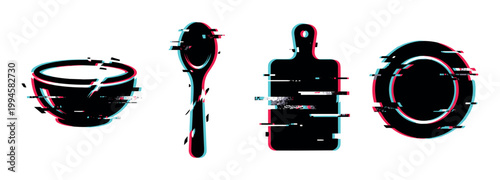 Kitchen utensils and dishware with a modern digital glitch effect, featuring a bowl, spoon, cutting board, and plate in a contemporary abstract style.