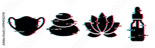 Modern health and wellness icons featuring a face mask, stacked stones, lotus flower, and dropper bottle with a trendy digital glitch effect.