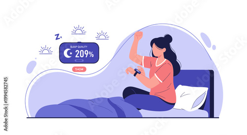 Woman waking up in bed, stretching arm, smart watch on wrist, alarm clock showing moon and sun