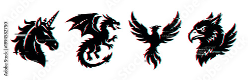 Mythical creatures unicorn, dragon, phoenix, and griffin depicted as powerful black silhouettes with a modern glitch effect.