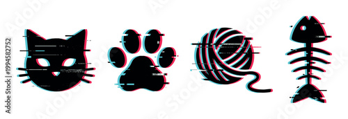Glitch effect cat related icons set featuring a feline head, paw print, yarn ball, and fish skeleton in a modern digital style.
