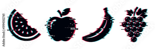 Watermelon, apple, banana, and grapes vector illustration with a modern glitch effect, showcasing digital distortion and contemporary design.