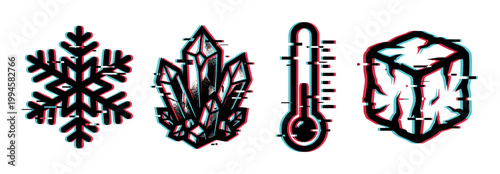 Cold weather icons with digital glitch effect including snowflake, ice crystals, thermometer, and ice cube symbols
