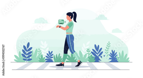 Woman walking on crosswalk with smartwatch, healthy lifestyle, fitness tracker, outdoor activity
