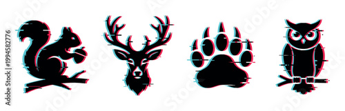 Wild animals glitch effect silhouettes of a squirrel, deer, bear paw, and owl with a modern digital aesthetic.