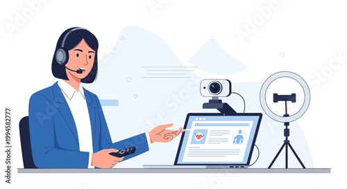 Woman with headset and laptop, streaming, online meeting, remote work, vlogging setup