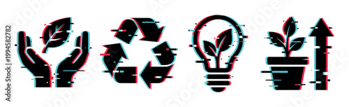 Eco-friendly icons with glitch effect representing environmental protection, recycling, green energy, and sustainable growth concepts.